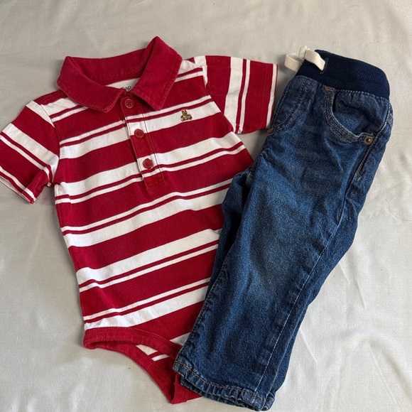 GAP - LIKE NEW Red and White Striped Bodysuit/onesie with Blue Jeans Set - Picture 1 of 7